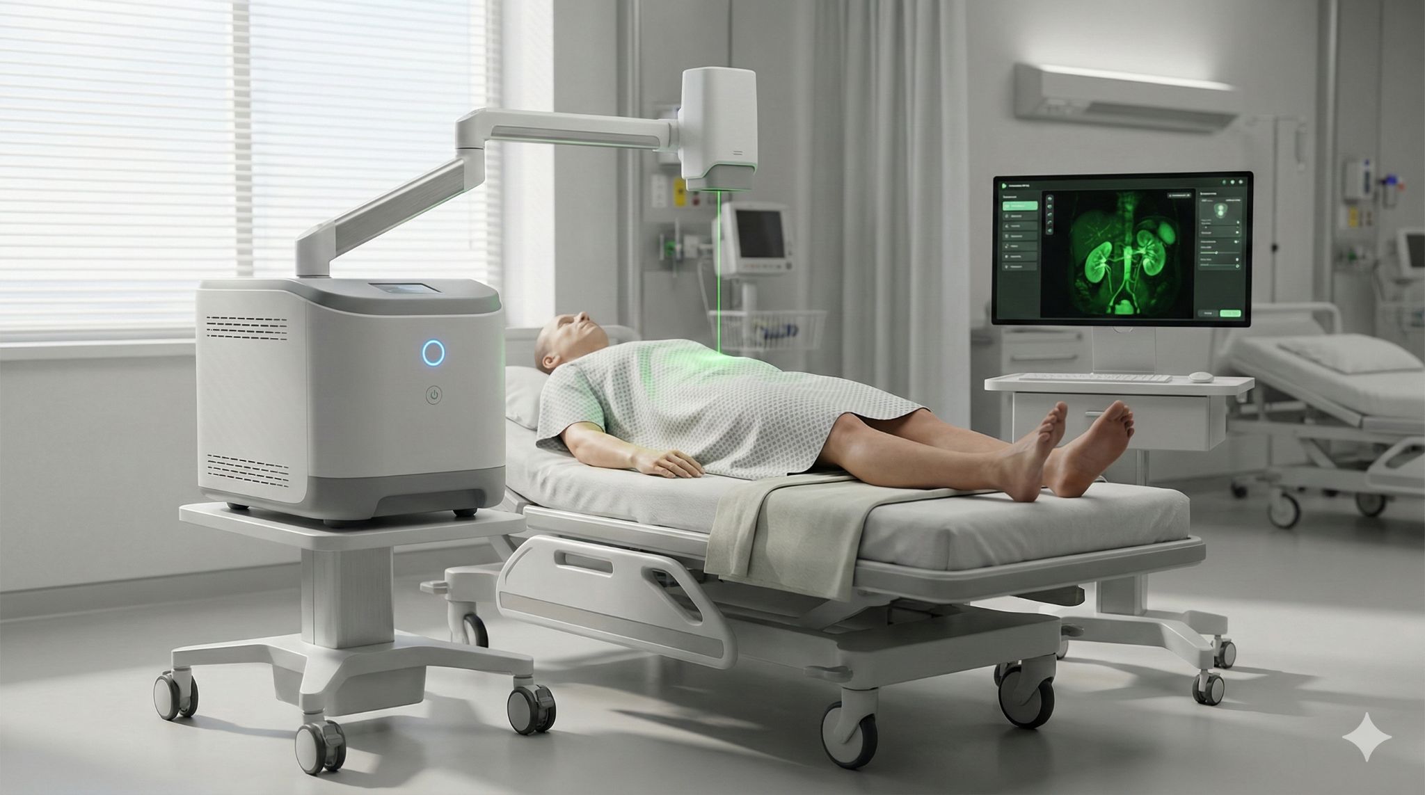 NMS fluorescence imaging device guiding a procedure at the patient bedside