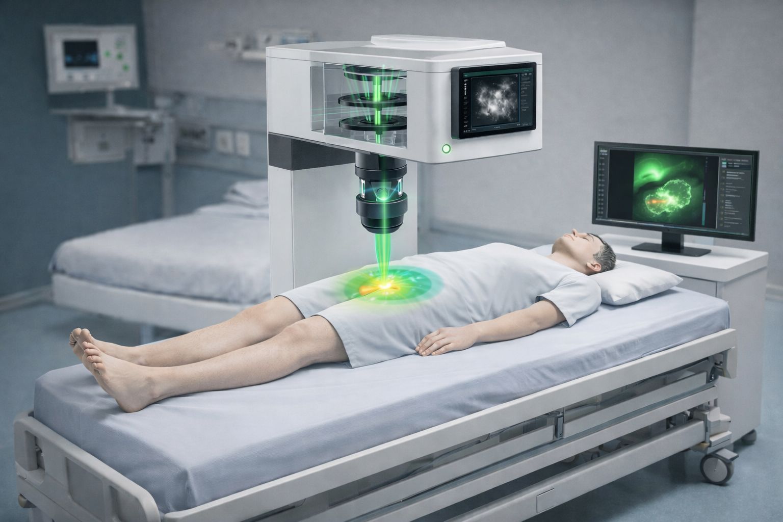 NMS device performing a fluorescence scan on a patient